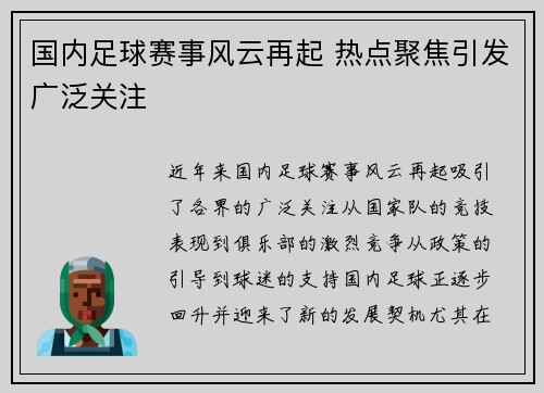 国内足球赛事风云再起 热点聚焦引发广泛关注