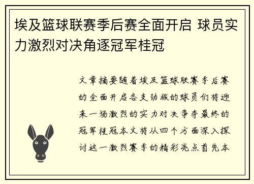 埃及篮球联赛季后赛全面开启 球员实力激烈对决角逐冠军桂冠