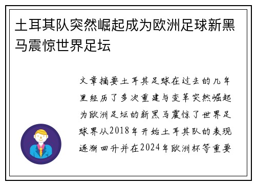 土耳其队突然崛起成为欧洲足球新黑马震惊世界足坛