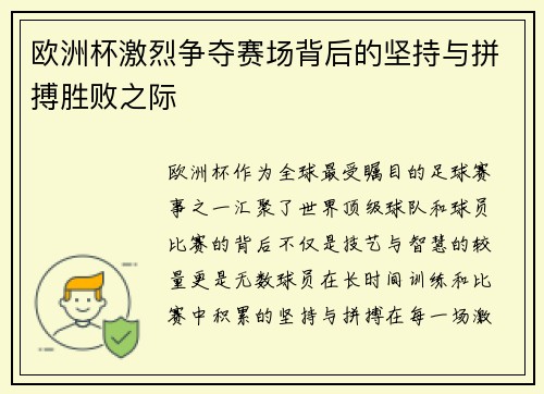 欧洲杯激烈争夺赛场背后的坚持与拼搏胜败之际