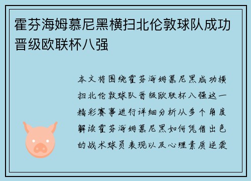 霍芬海姆慕尼黑横扫北伦敦球队成功晋级欧联杯八强
