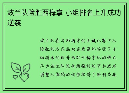波兰队险胜西梅拿 小组排名上升成功逆袭