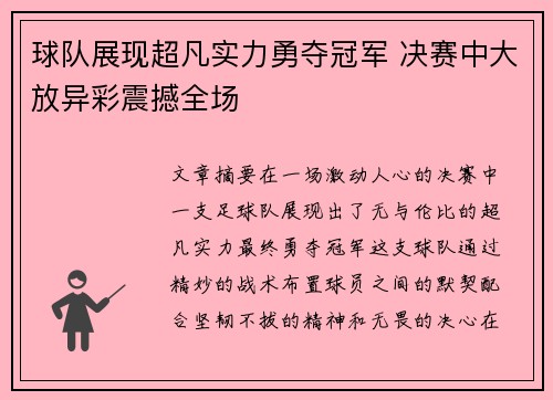 球队展现超凡实力勇夺冠军 决赛中大放异彩震撼全场