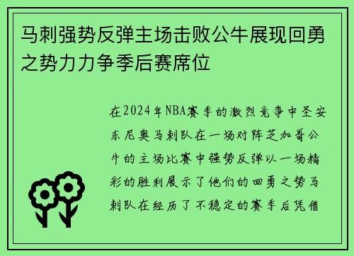 马刺强势反弹主场击败公牛展现回勇之势力力争季后赛席位