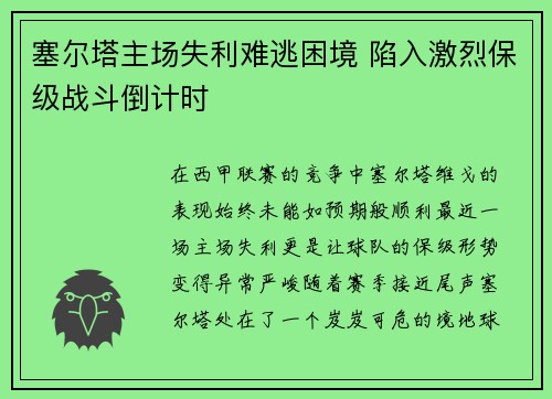 塞尔塔主场失利难逃困境 陷入激烈保级战斗倒计时