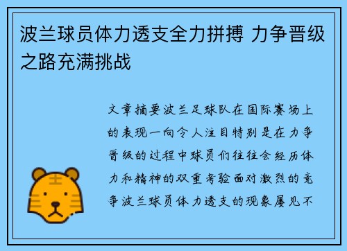 波兰球员体力透支全力拼搏 力争晋级之路充满挑战