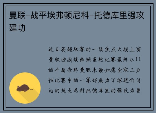 曼联-战平埃弗顿尼科-托德库里强攻建功