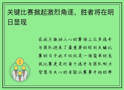 关键比赛掀起激烈角逐，胜者将在明日显现