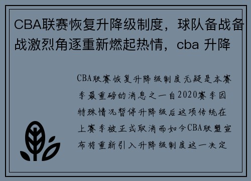 CBA联赛恢复升降级制度，球队备战备战激烈角逐重新燃起热情，cba 升降级