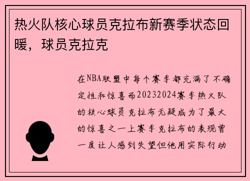 热火队核心球员克拉布新赛季状态回暖，球员克拉克
